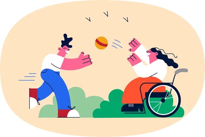 Handicapped woman playing ball with man  Illustration