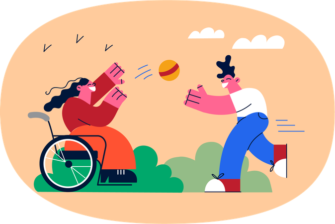 Handicapped woman playing ball with man  Illustration