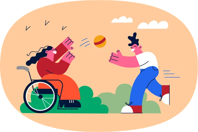 Handicapped woman playing ball with man  Illustration