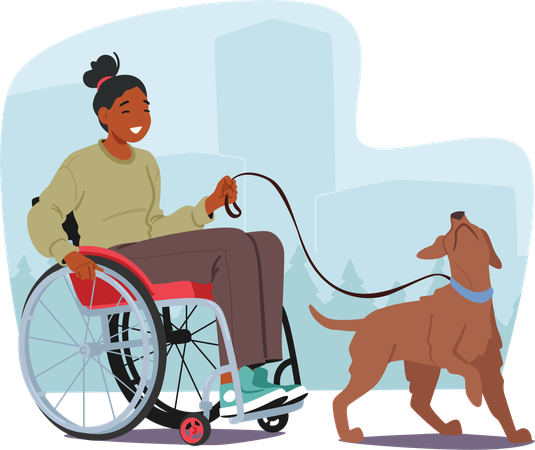 Handicapped Woman Playing With Dog  Illustration