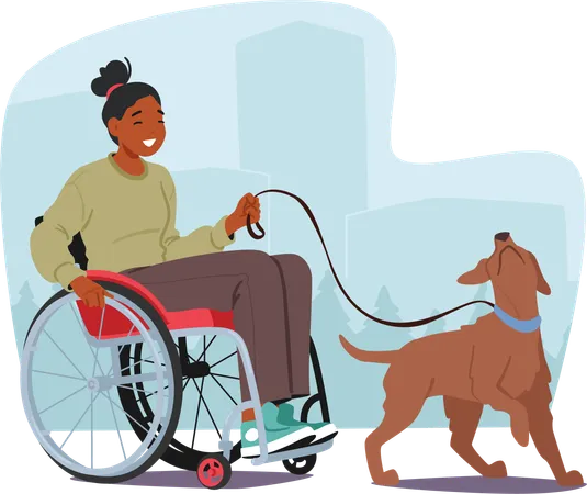 Handicapped Woman Playing With Dog  Illustration