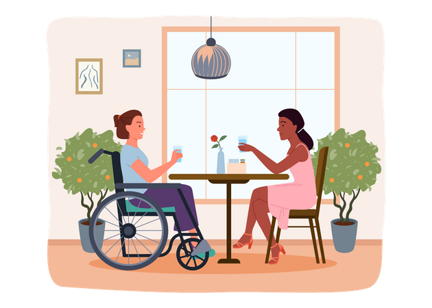 Handicapped woman taking dinner in restaurant  Illustration