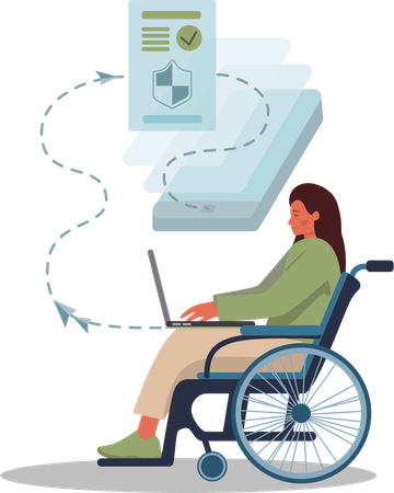 Handicapped woman working on mobile insurance  Illustration
