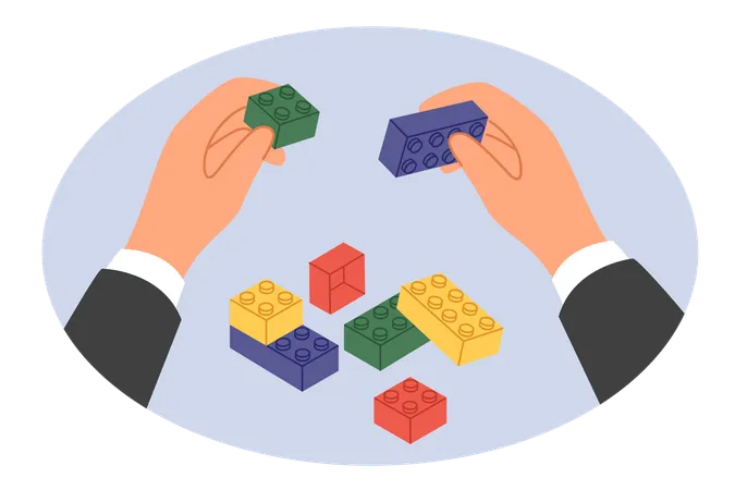 Hands Businessman With Toy Bricks As Metaphor For Reorganization And Restructuring Company For Reformation Of Business Processes Businessman Is Engaged In Rebuilding Own Corporation Or Team Building Illustration