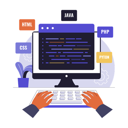 Hands Coding on Keyboard with Various Programming Languages  Illustration