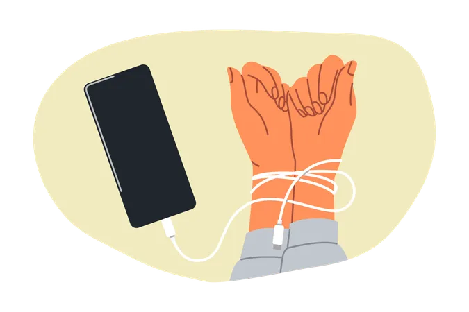 Hands Digital Hostage Are Tied With Headphones From Mobile Phone And Symbolize Dependence On Social Networks Person Has Become Digital Hostage Due To Uncontrolled Visits To Websites And Applications イラスト