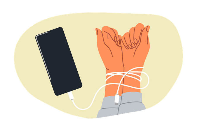 Hands digital hostage are tied with headphones from mobile phone dependence on social networks  Illustration