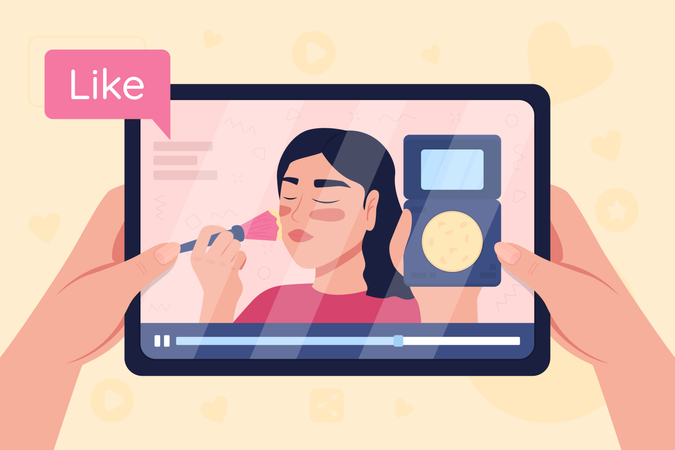 Hands hold tablet with video on make up tutorial Illustration