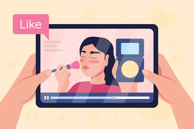 Hands hold tablet with video on make up tutorial  Illustration