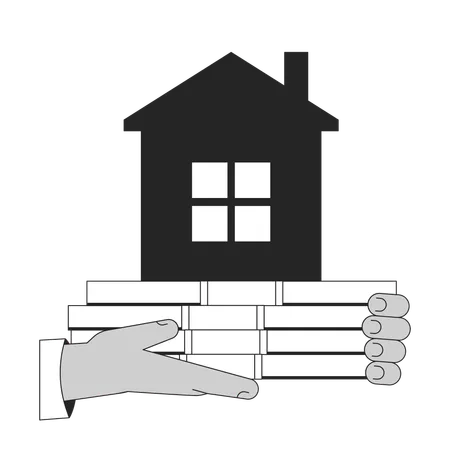 Hands Holding Cash Ond House Flat Monochrome Isolated Vector Object Mortgage On Property Editable Black And White Line Art Drawing Simple Outline Spot Illustration For Web Graphic Design Illustration