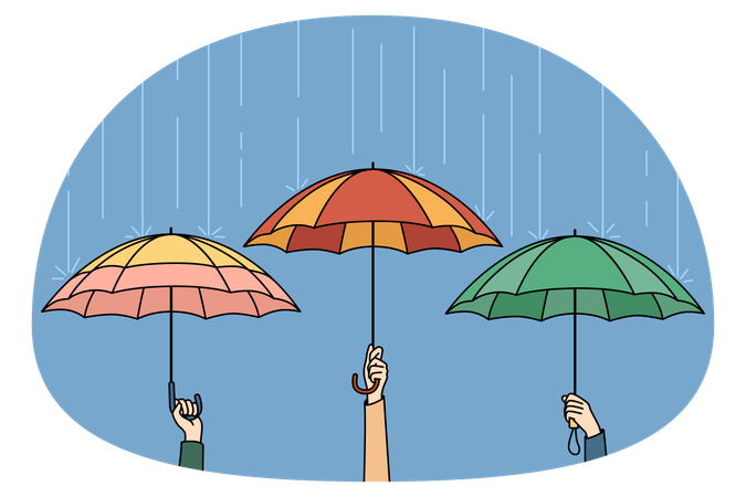 Hands holding colorful umbrellas hiding from rain in city.  Illustration