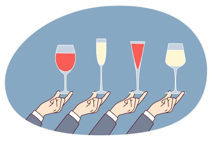 Hands holding diverse glasses with drinks  Illustration