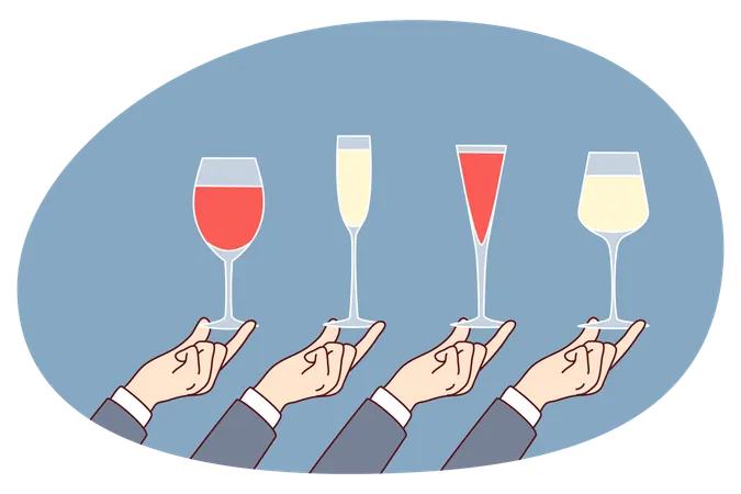 Hands holding diverse glasses with drinks  Illustration