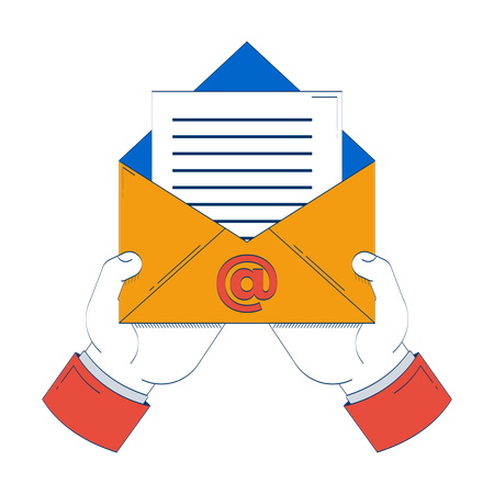 Hands holding open email envelope with document  Illustration