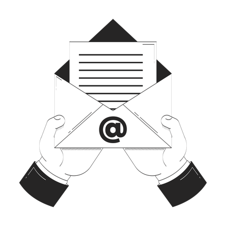 Hands holding open email envelope with document  Illustration