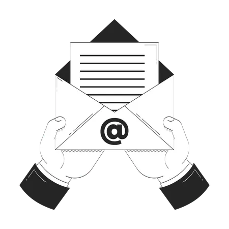 Hands holding open email envelope with document  Illustration