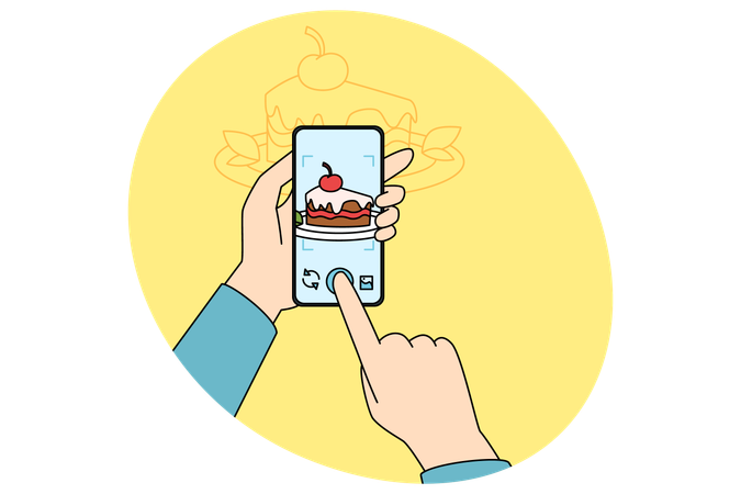 Hands holding smartphone make dessert photo on modern gadget.  Illustration