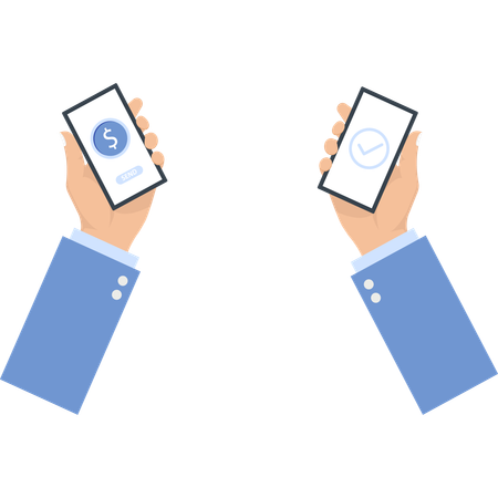Hands holding smartphones with dollar sign and checkmark digital payment  Illustration