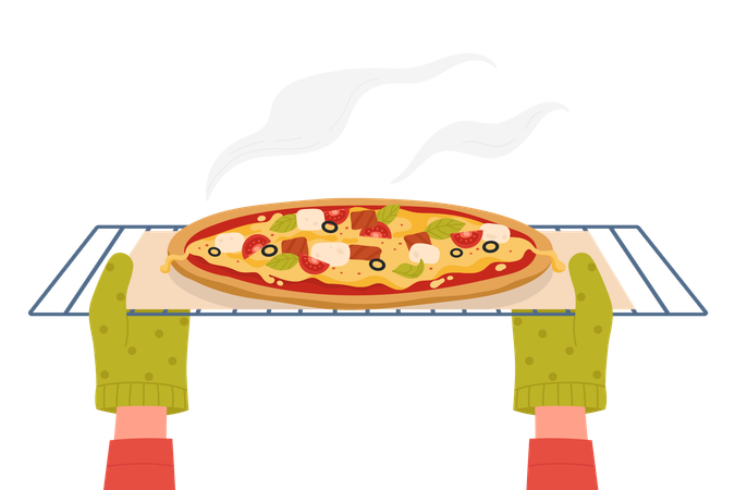 Hands in gloves open oven door and take away homemade pizza  일러스트레이션