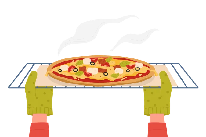 Hands in gloves open oven door and take away homemade pizza  Illustration
