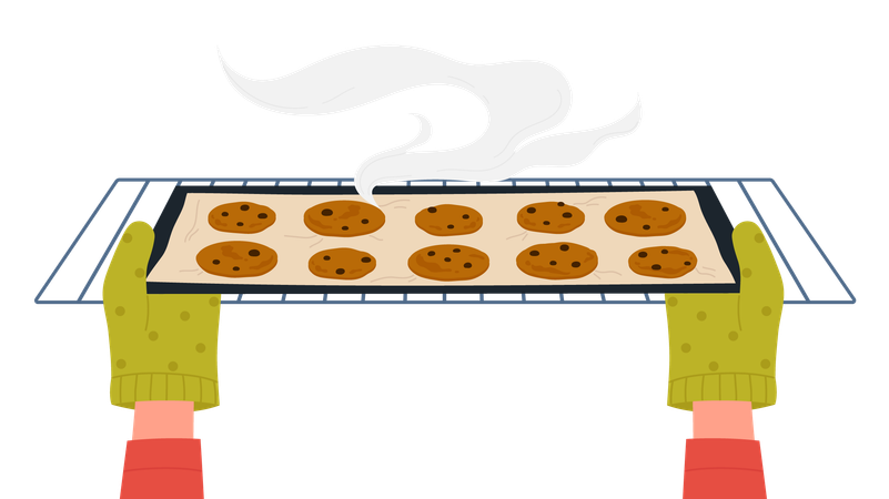 Hands in gloves taking out tray of cookies from baking oven  Illustration