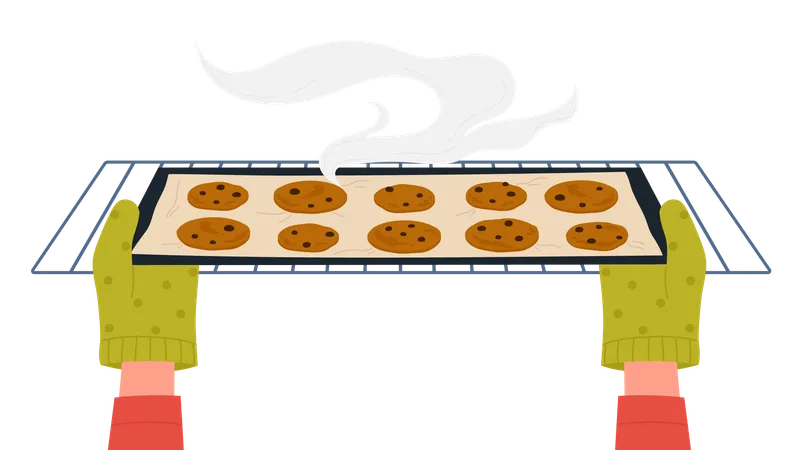 Hands in gloves taking out tray of cookies from baking oven  イラスト