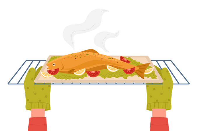 Hands in gloves taking out tray of fish from baking oven  イラスト