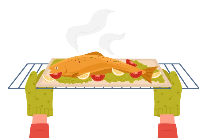 Cartoon Chef Cooking Fish In Home Kitchen Making Dinner Flat Vector Illustration Tasty Food Recipe Cooking Concept Hands In Gloves Taking Out Tray Of Fish From Baking Oven Illustration