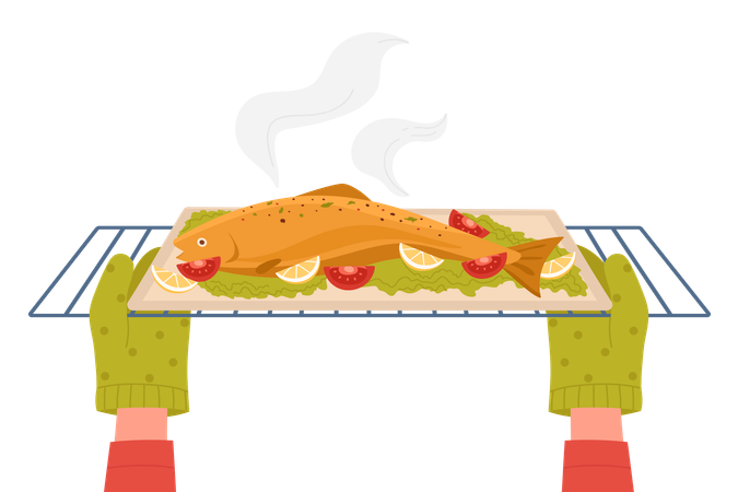 Hands in gloves taking out tray of fish from baking oven  Illustration