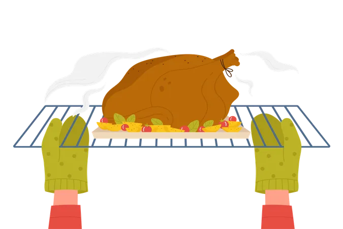Hands in safety gloves holding bowl form with turkey and potatoes to roast  イラスト