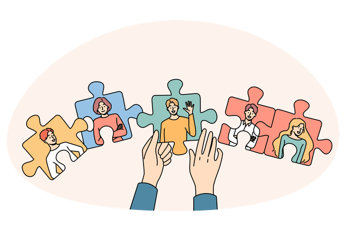 Hands joining jigsaw puzzles with employees engaged in employment and hr process  Illustration