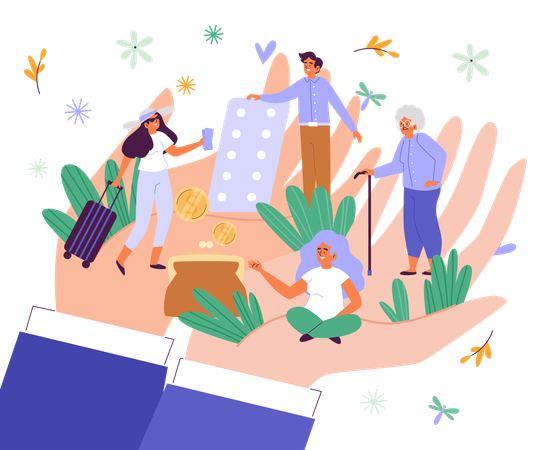 Hands of a responsible caring employer providing social package and benefits to his subordinates  Illustration