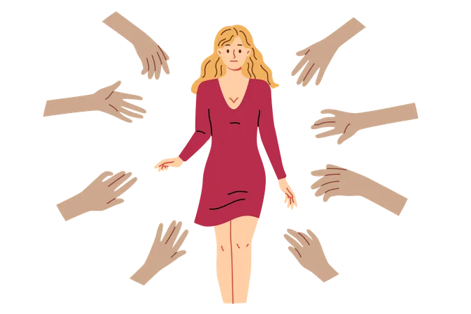 Hands Of Admirers Reach Out To Woman Idol Tired Of Attention Of Fans And Lack Of Personal Space Girl Idol In Red Dress Feels Discomfort Due To Sudden Popularity Caused By Filming Popular Tv Series Illustration