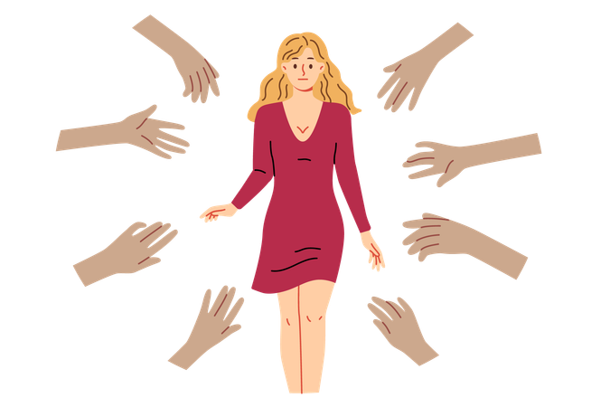 Hands of admirers reach out to woman idol tired of attention of fans and lack of personal space  Illustration