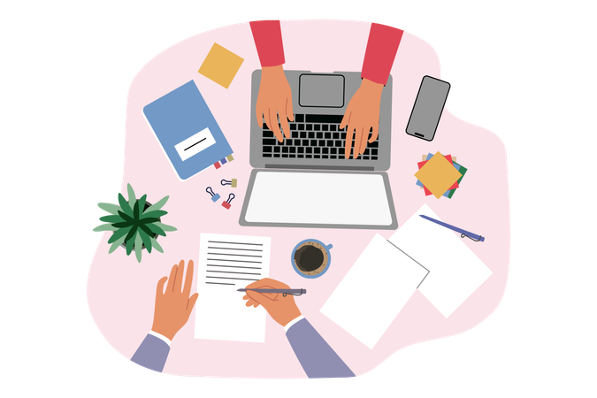 Hands of business people working in office at one table  Illustration