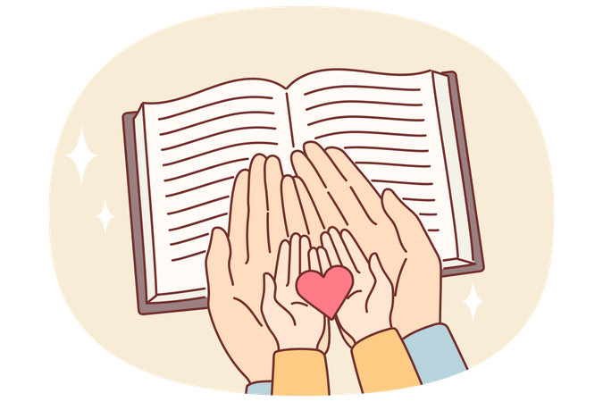 Hands of child and mother over bible with chrtian prayers as metaphor for religious education  Illustration