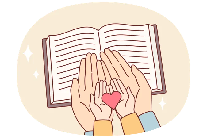 Hands of child and mother over bible with chrtian prayers as metaphor for religious education  Illustration
