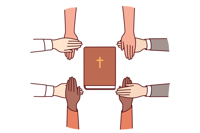 Hands of christian believers held bible which allows them to commune with lord  Illustration