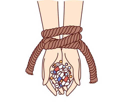 Hands of connected person with antibiotics and psychotropic drugs as metaphor for addiction  Illustration