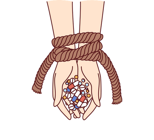 Hands of connected person with antibiotics and psychotropic drugs as metaphor for addiction  Illustration