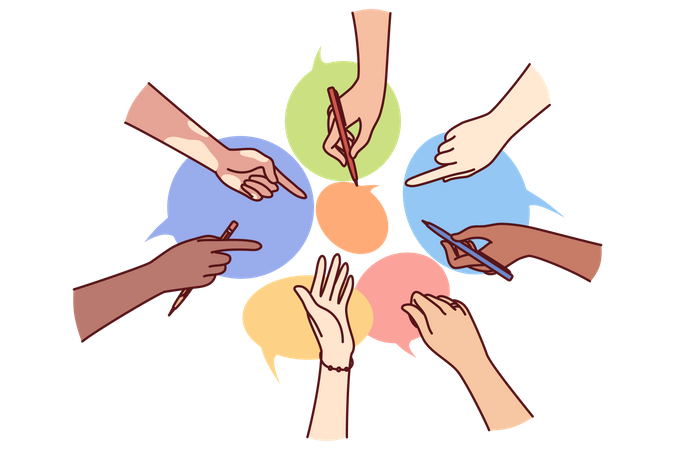 Hands of diverse people collectively communicating on instant messengers  Illustration