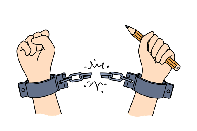 Hands of handcuffed reporter at moment liberation holding pencil to write investigative journalism  Illustration