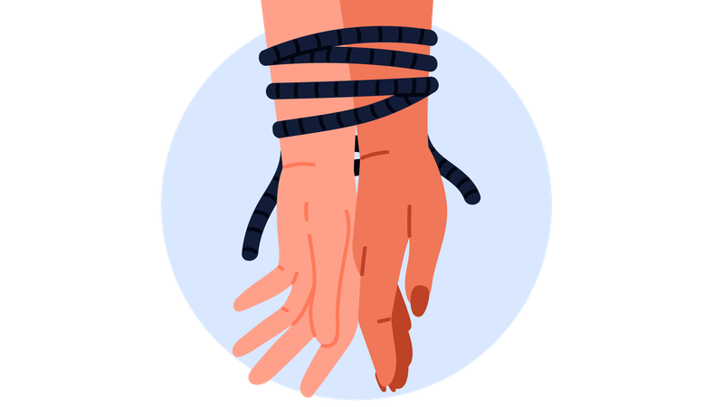 Hands of husband and wife tied together by ropes  Illustration