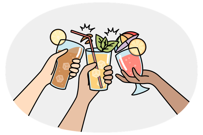Hands of multiracial people clink glasses with drinks  Illustration