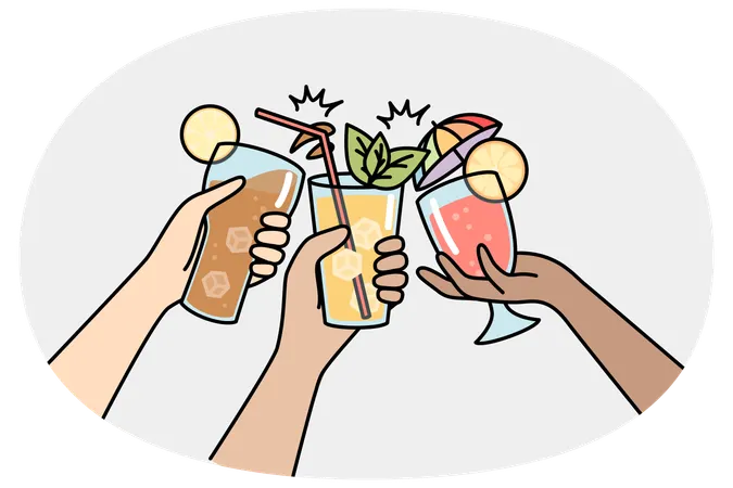 Hands of multiracial people clink glasses with drinks  Illustration