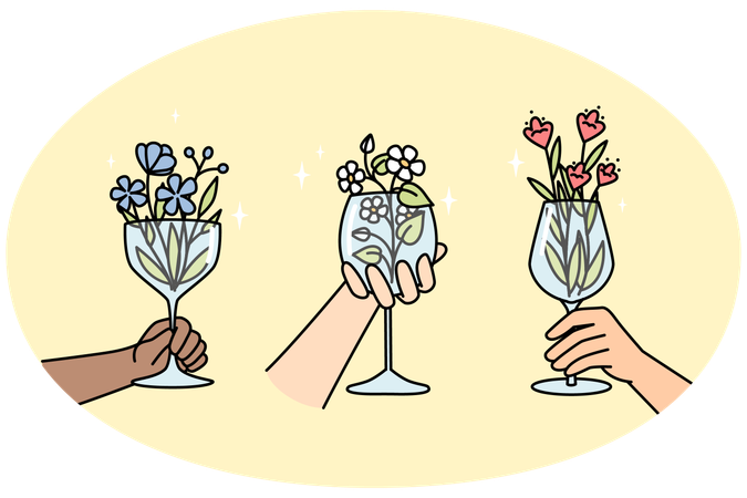 Hands of multiracial people holds wineglasses with flowers  Illustration
