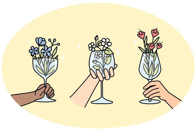 Hands of multiracial people holds wineglasses with flowers  Illustration