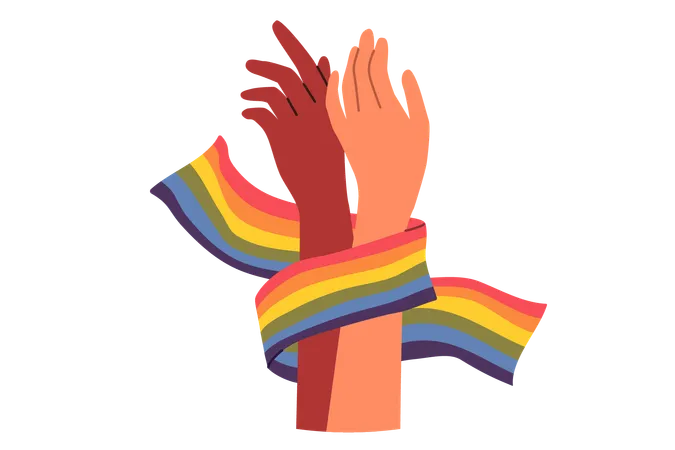 Hands of non-binary couple holding LGBT flag symbolizing love between gay or lesbian  イラスト