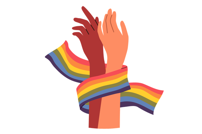 Hands of non-binary couple holding LGBT flag symbolizing love between gay or lesbian  Illustration