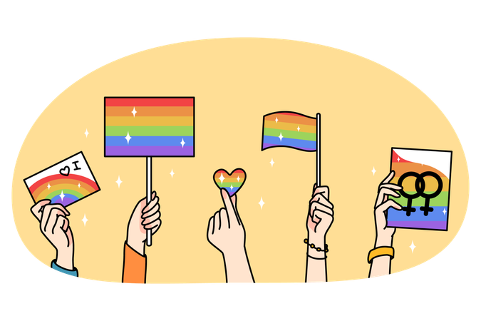 Hands of people hold LGBT flags  Illustration